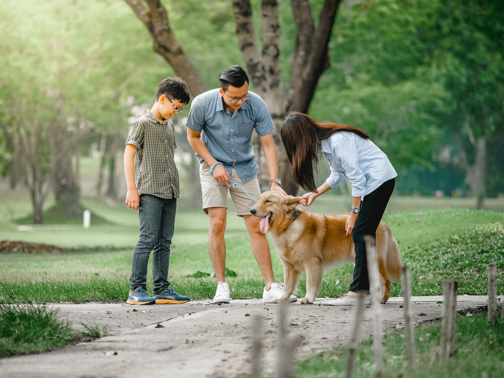 Woman petting dog with dad and son nearby